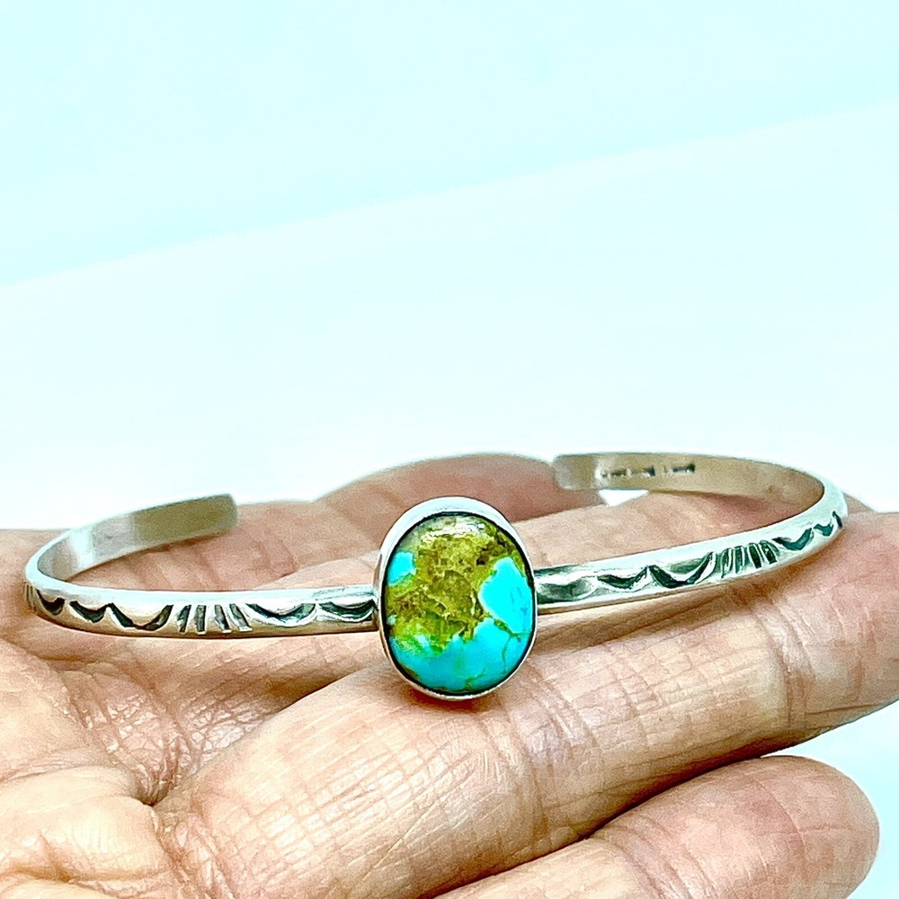 Navajo Cuff‎ Bracelet Turquoise Sonoran Gold Hand Stamped 6.5in Tahe 7g Stacker